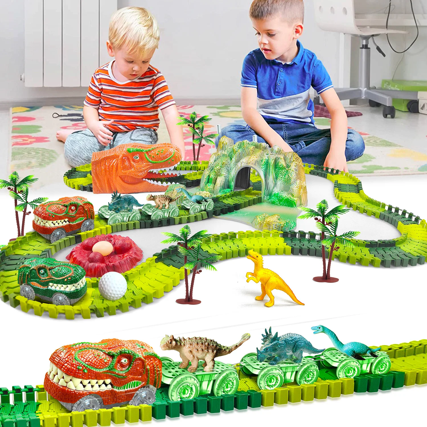 Juguete tren dinosaurio con pista flexible coche y carreras - imagen 5