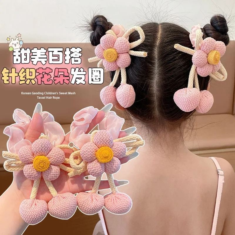 Scrunchie de pelo con bolita floral para coletas de niñas - imagen 5