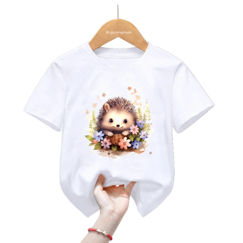 Camiseta de algodón con erizo y flores para niño y niña