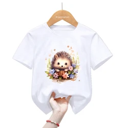 Camiseta de algodón con erizo y flores para niño y niña