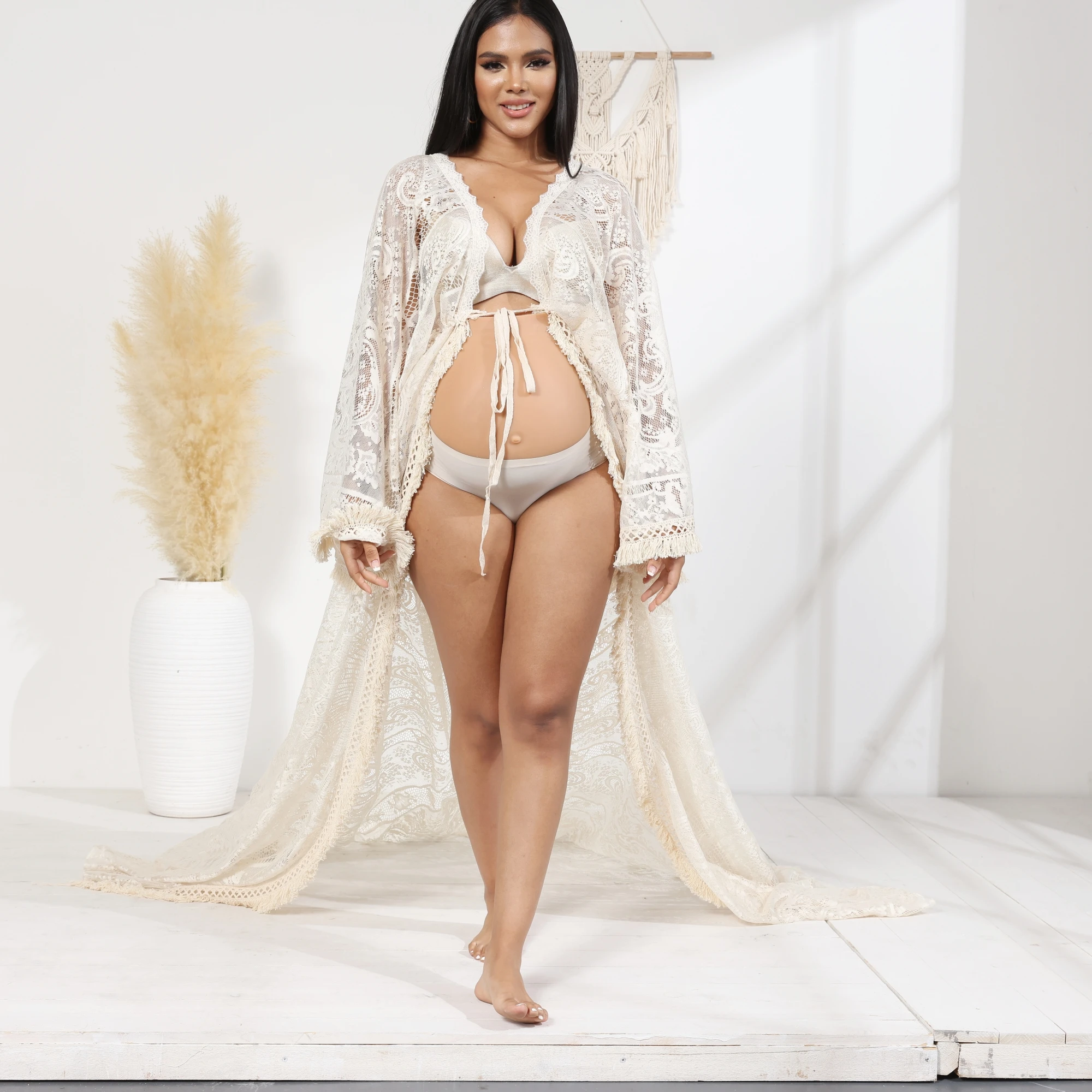 Vestido encaje para fotos de embarazo bohemio con cola larga - imagen 2