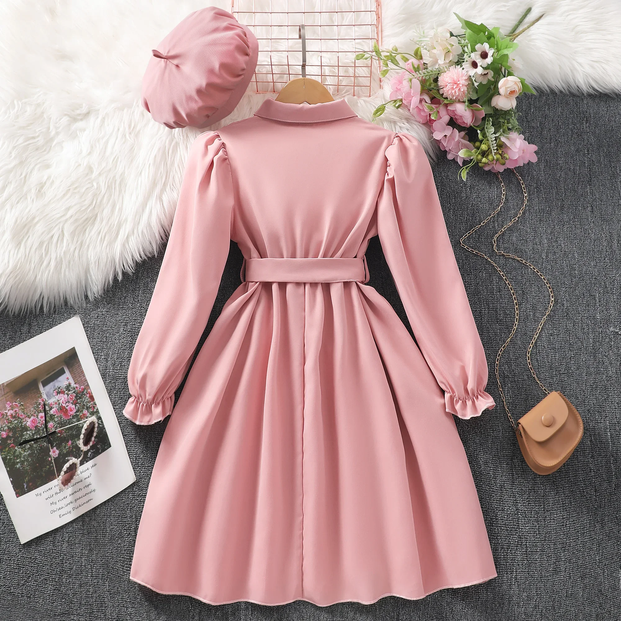 Vestido niña de manga larga sólido con botonadura para otoño - imagen 2
