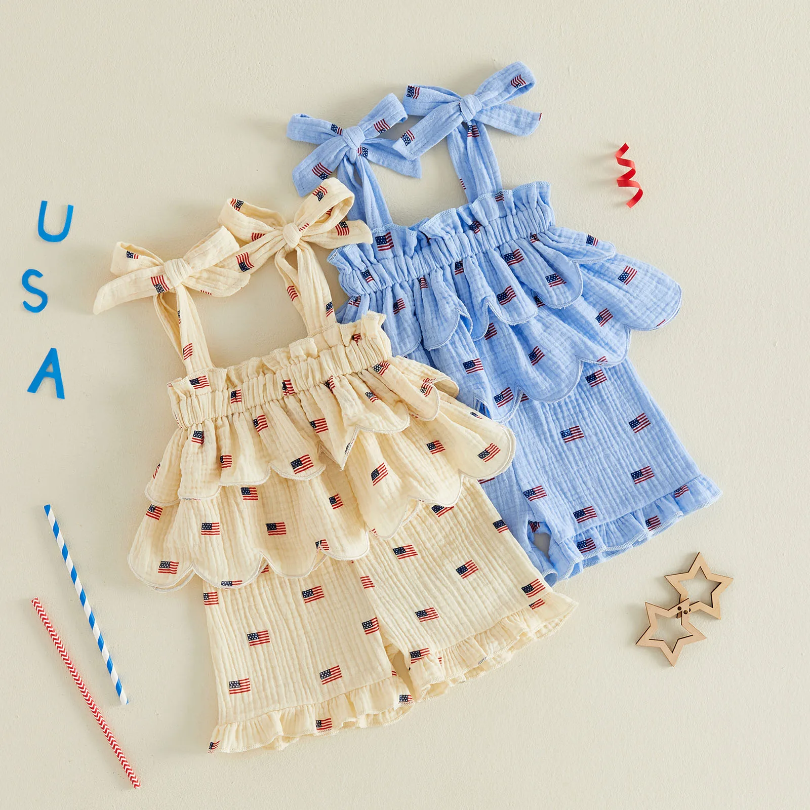Conjunto de verano para niña sin mangas con volantes estampado bandera