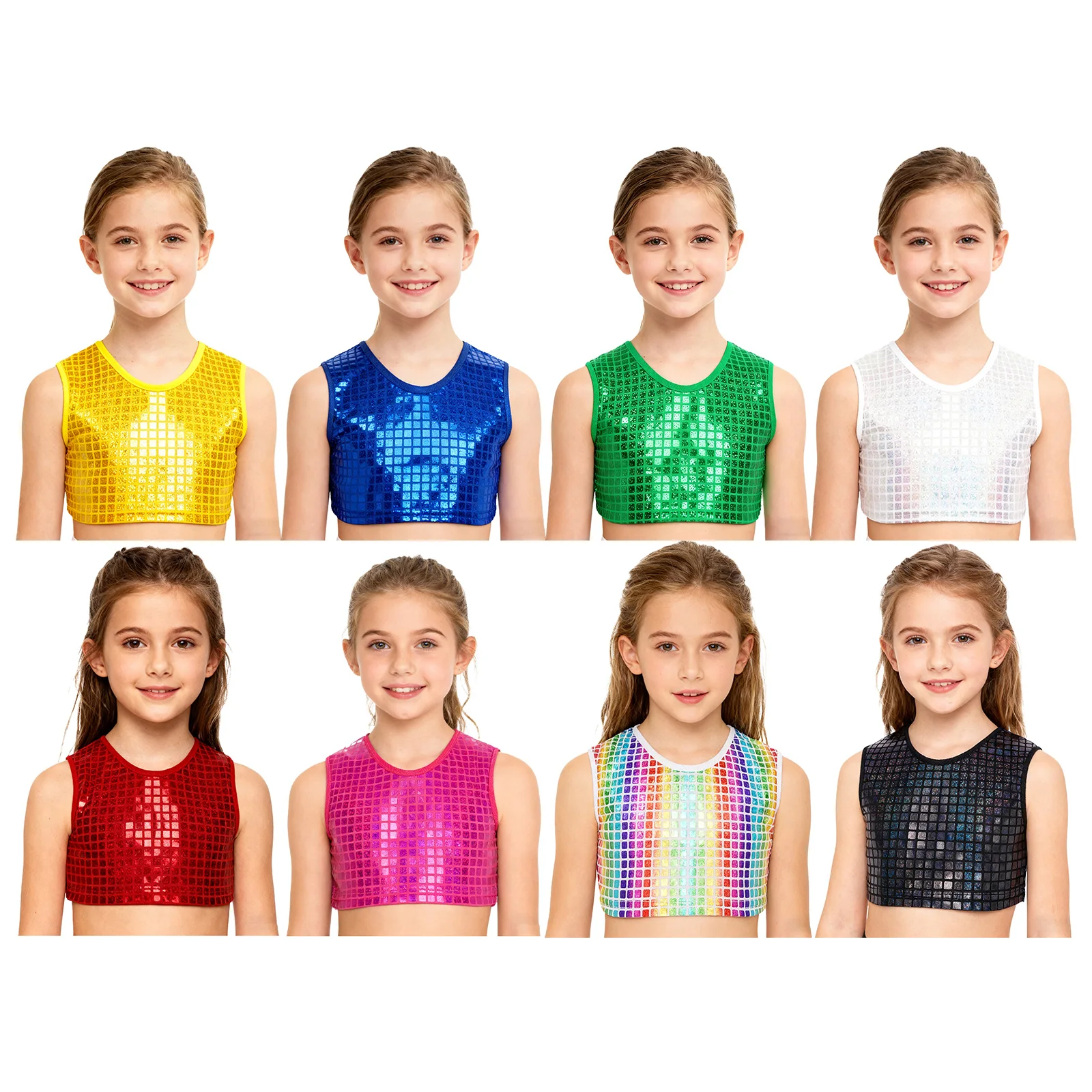 Top sin mangas metálico brillante de cuadros para danza