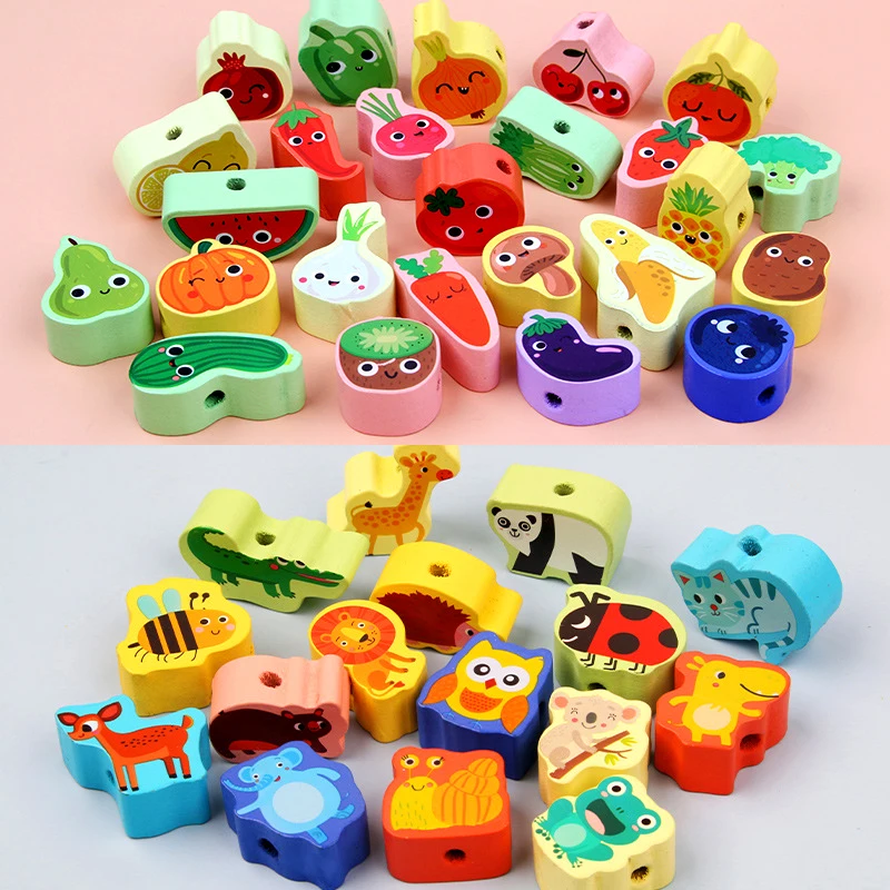 Juguete Montessori de madera: frutas y animales, enhebrado educativo - imagen 5