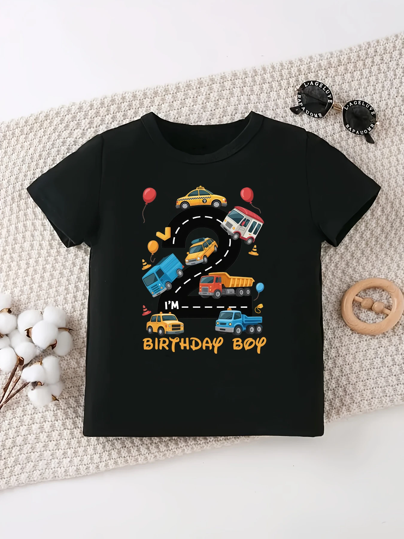 Camiseta infantil de camiones y globos de construcción, manga corta - imagen 2