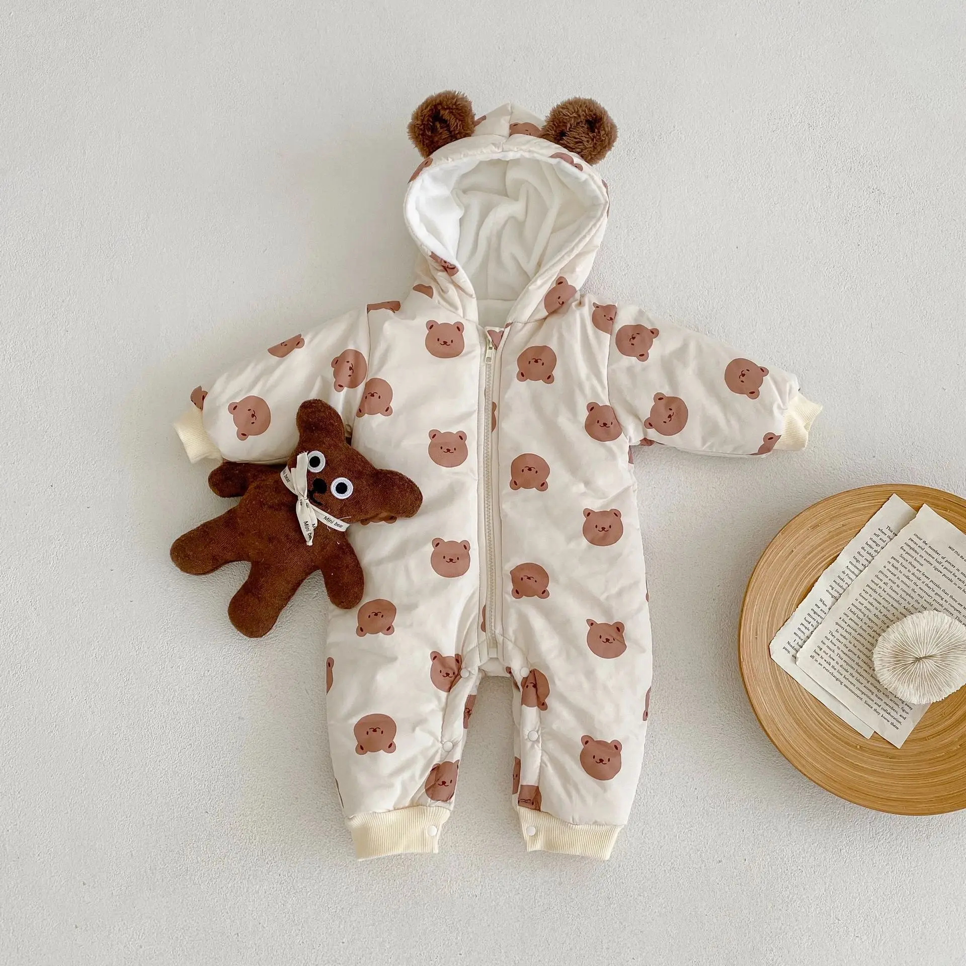 Mameluco acolchado con capucha estampado oso para bebe - Otono calido