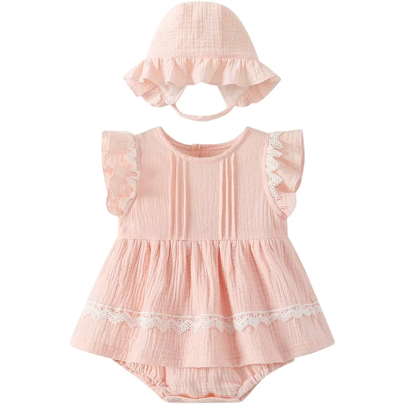 Mono sin mangas de encaje rosa niña recién nacida verano con sombrero - imagen 2
