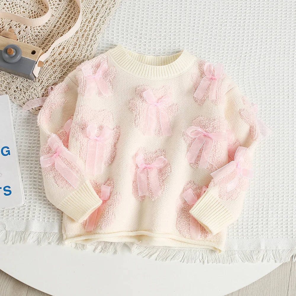 MILANCEL Jersey de punto para niña con estampado de oso y lazo