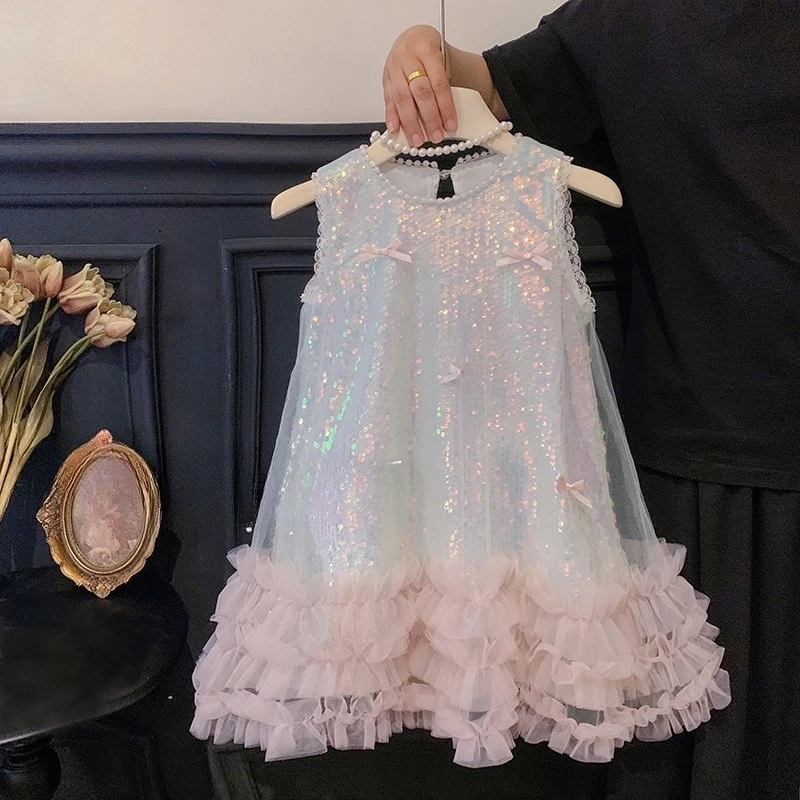 Vestido sin mangas de verano para niñas – Falda de tul con mariposa y lentejuelas