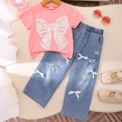Conjunto verano bebé: top lazo algodón + vaqueros