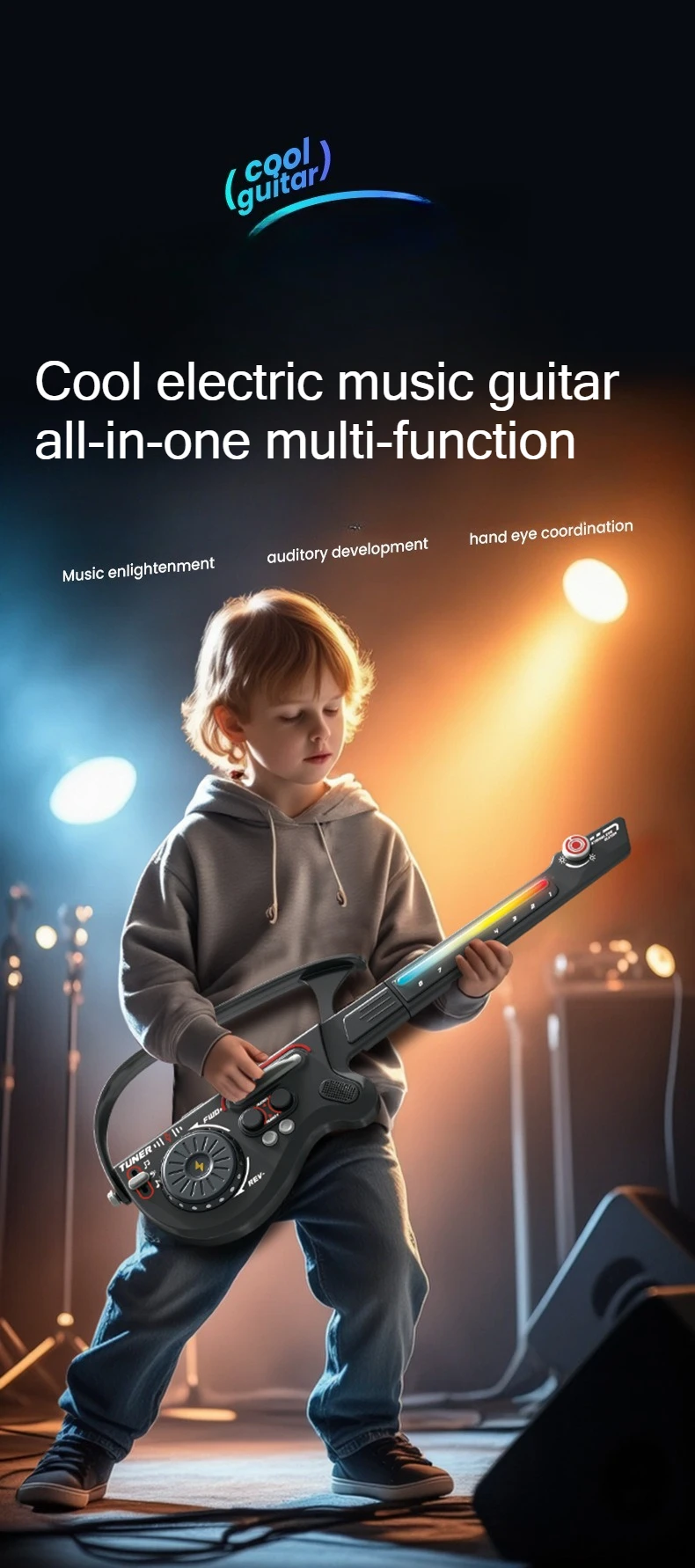 Vista frontal de la guitarra eléctrica de juguete con luces LED