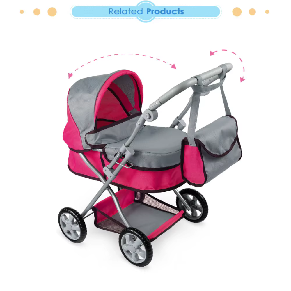 Cochecito de muñeca plegable con mango ajustable y dosel retráctil - imagen 2