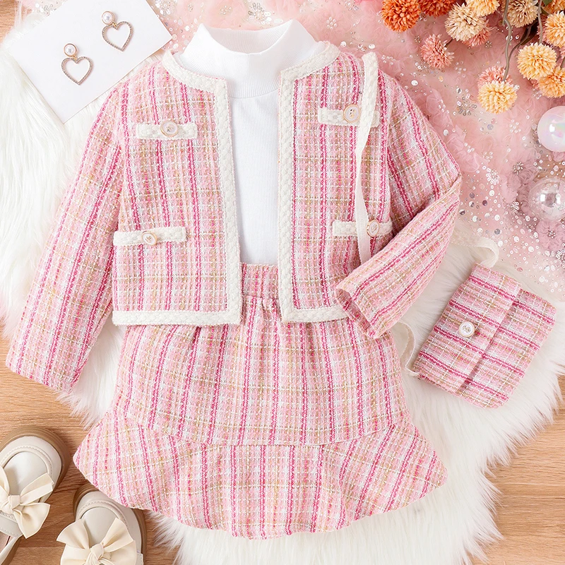 Conjunto de otoño para niña estilo coreano con abrigo tweed rosa - imagen 5