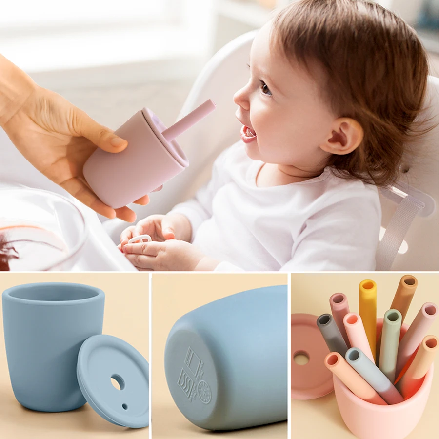 Taza bebé aprendizaje ergonómica de silicona con pajita anti derrames