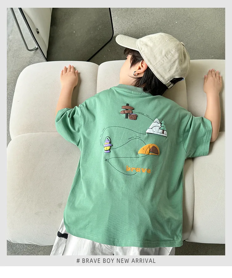 Camiseta infantil algodón con estampado de espuma, estilo kawaii