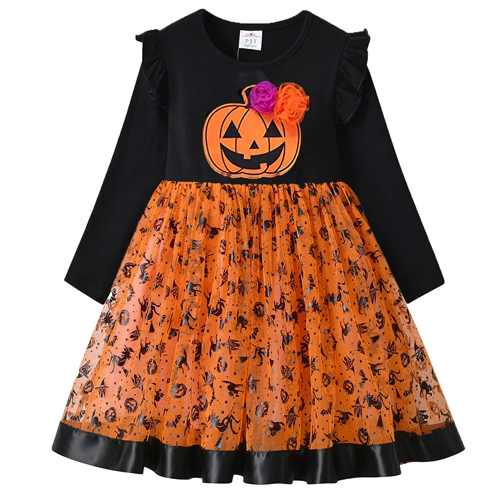 DXTON vestido Halloween para niñas con tutú de calabaza y araña - imagen 4