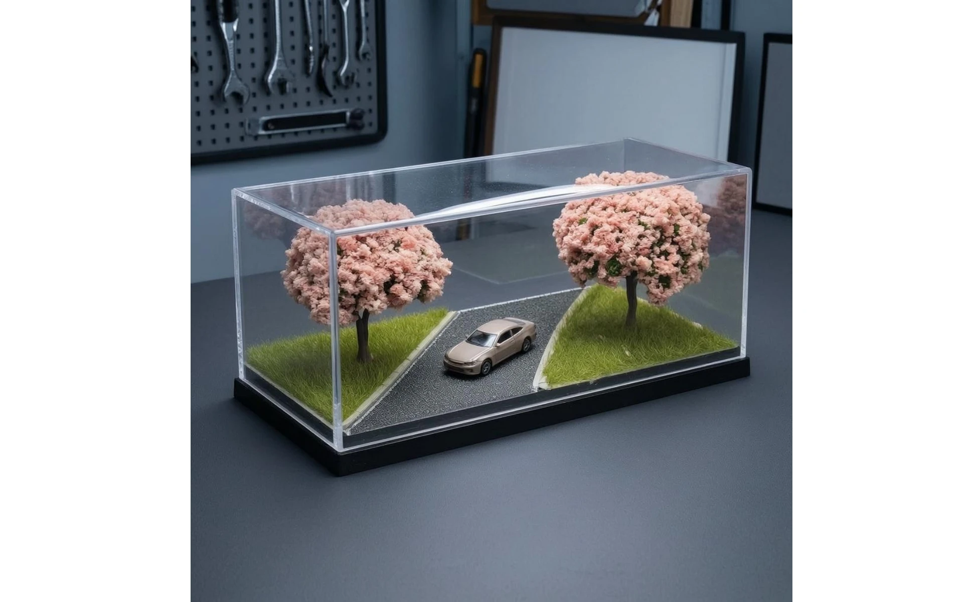Caja diorama flor de cerezo con cubierta acrílica transparente