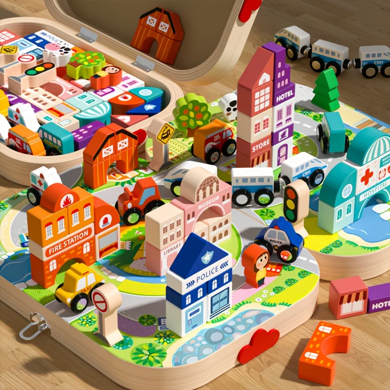 Estuche de viaje con paisaje urbano pintado y piezas de construcción