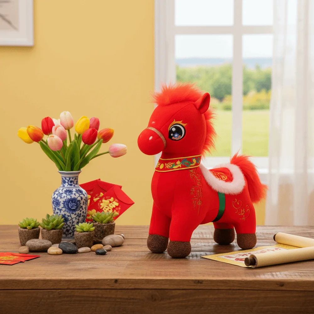 Peluche de caballo en colores rojo y negro