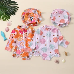 Traje de baño infantil con sombrero para niña – Estampado floral manga larga