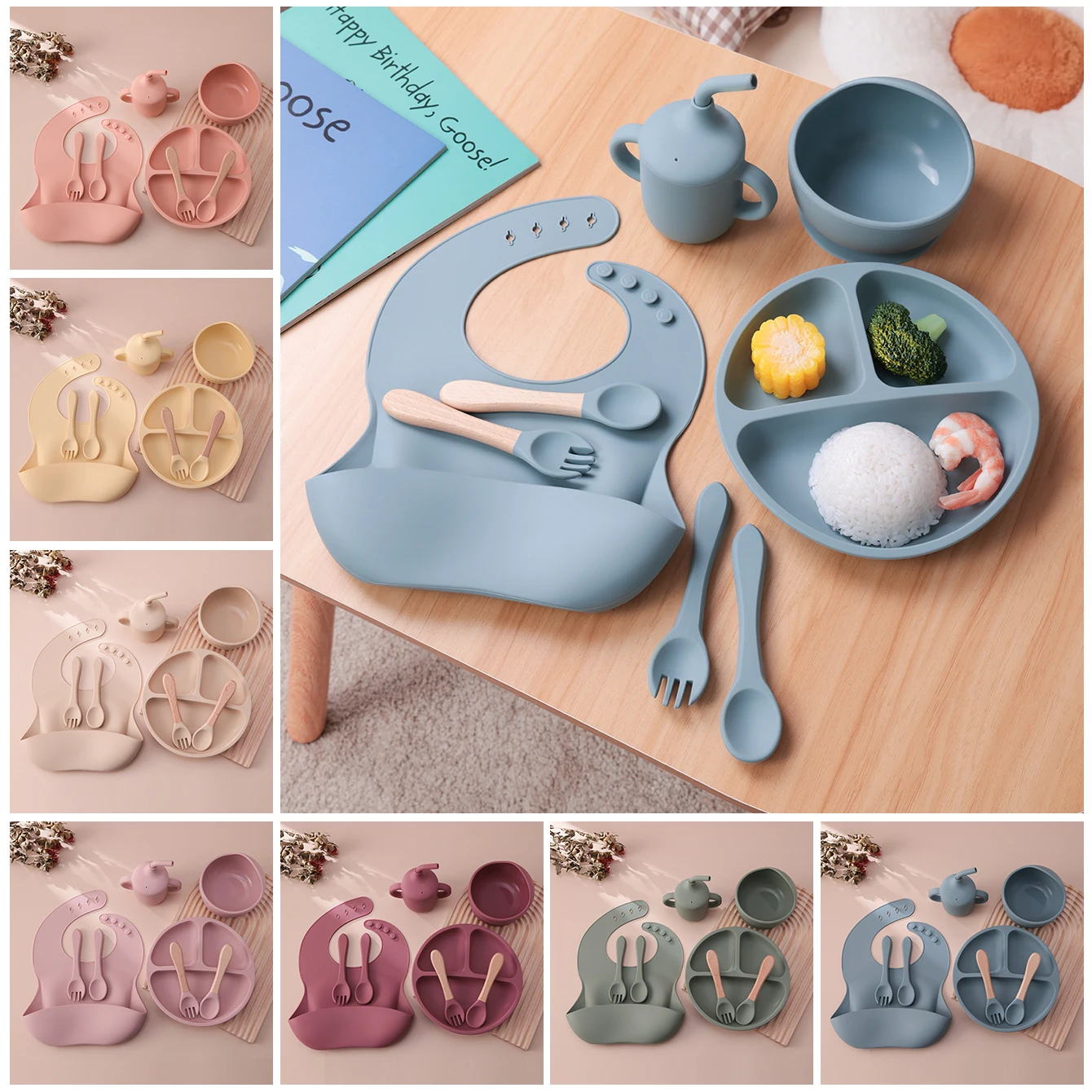Juego de alimentación de silicona para bebé con ventosa y babero