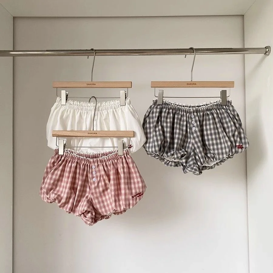 Pantalones cortos niña burbuja a cuadros con cintura elástica verano