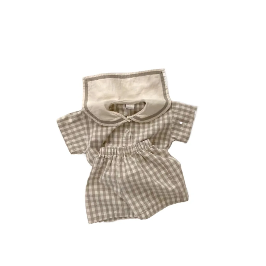 Conjunto de verano bebé marino a cuadros con camiseta y pantalón corto - imagen 5