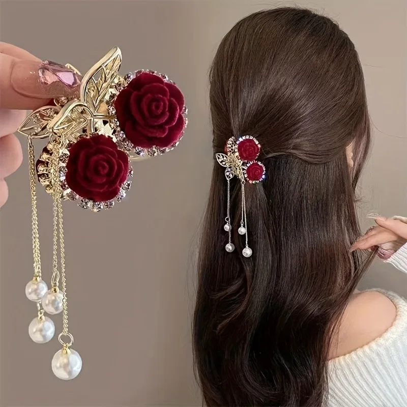 Pinza de pelo vintage roja flocada para niñas – estilo cola - imagen 4