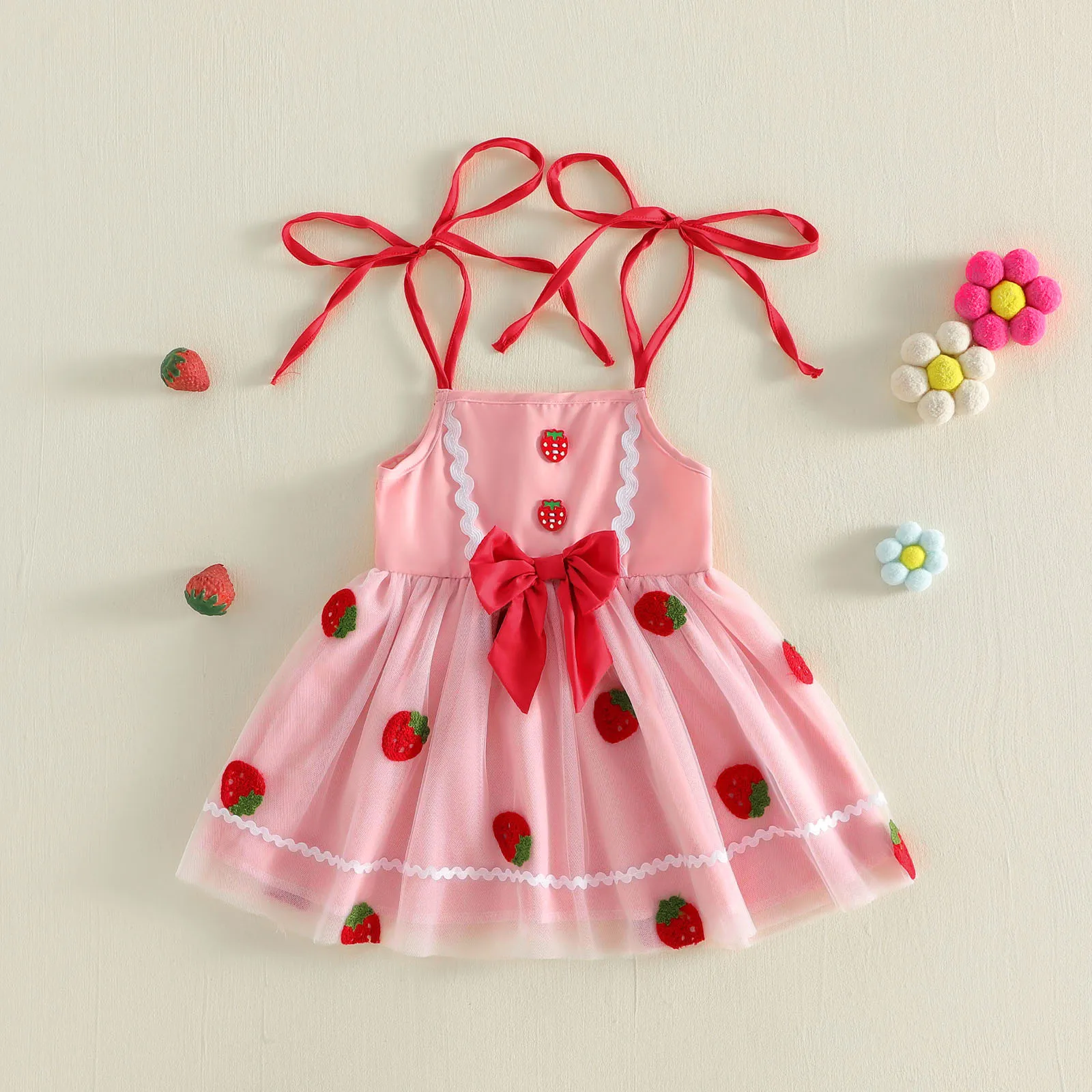 Vestido de verano tul en A sin mangas con fresas para niña - imagen 2