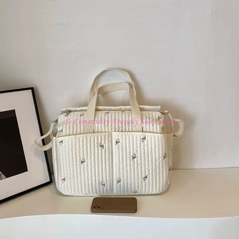 Bolsa para pañales con bordado floral y osito, gran capacidad - imagen 2