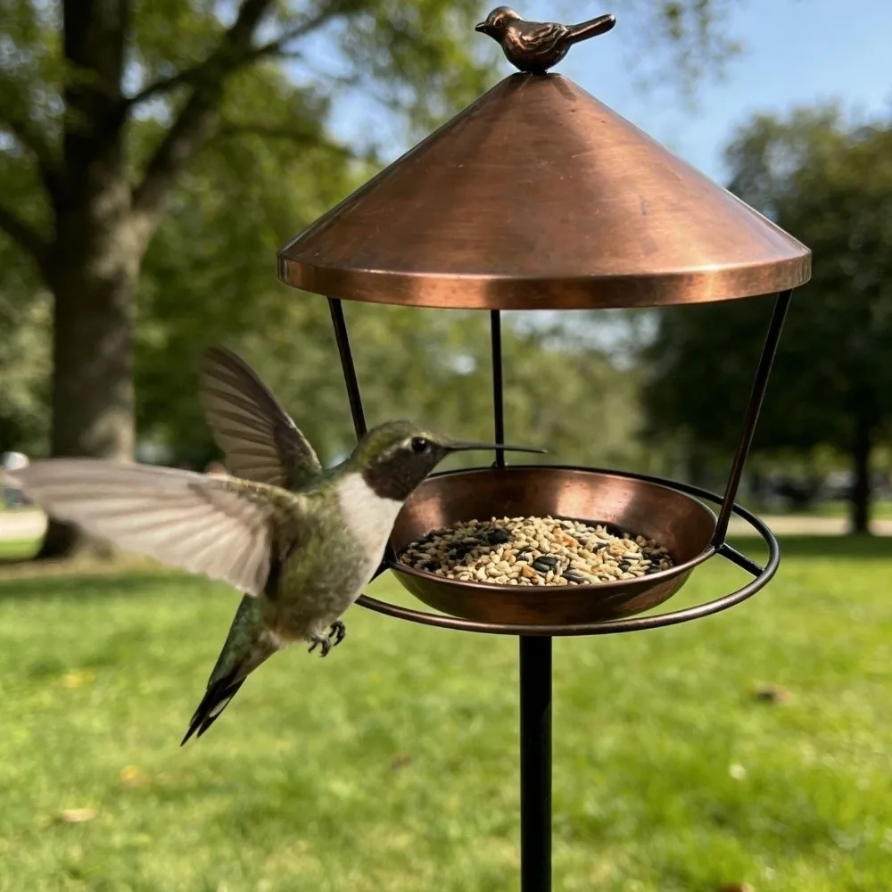 Comedero en jardín con aves