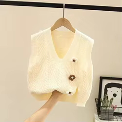 Chaleco de punto con cuello en V floral para niña – Jersey sin mangas