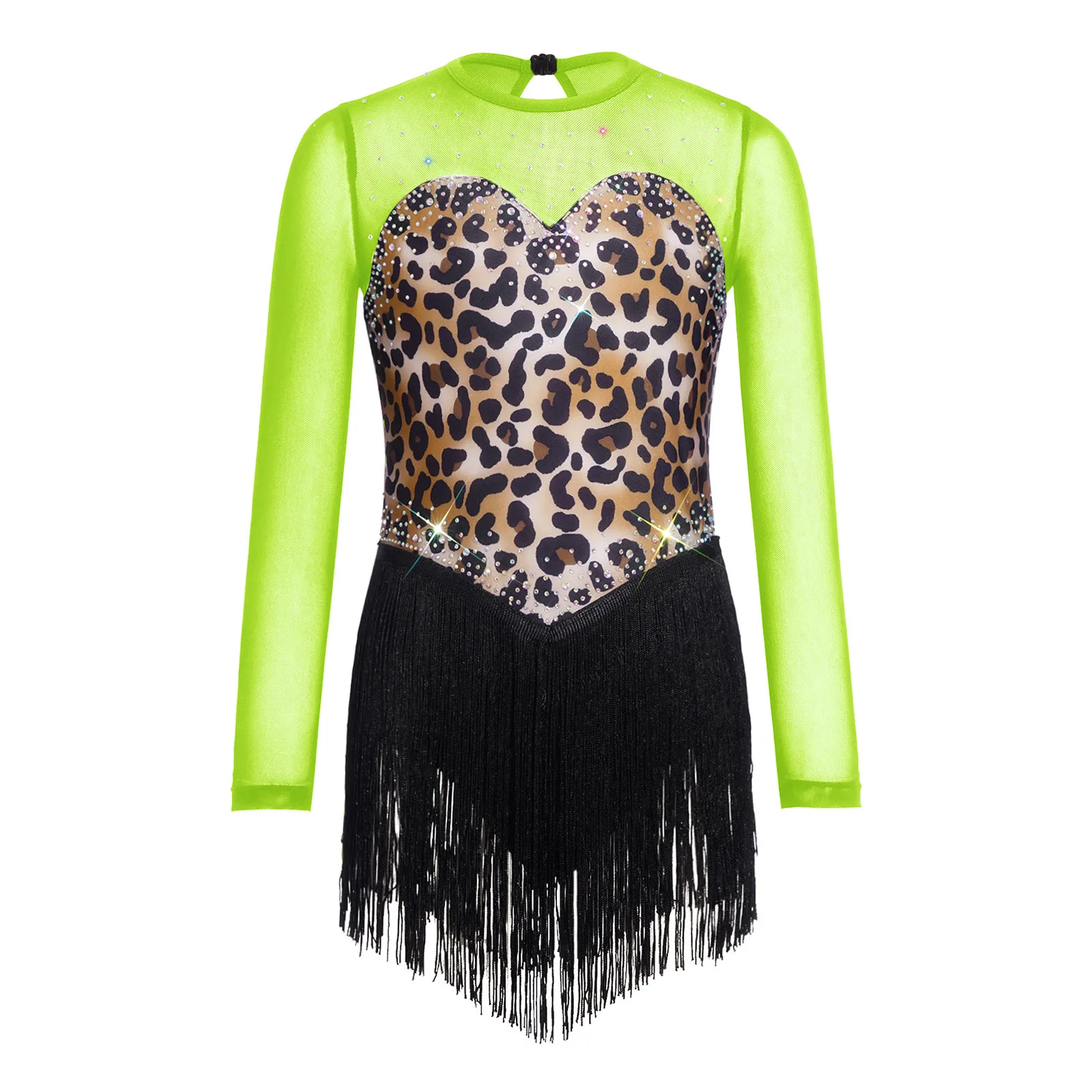 Vestido de baile latino con flecos y leopardo para niñas