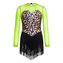 Vestido de baile latino con flecos y leopardo para niñas