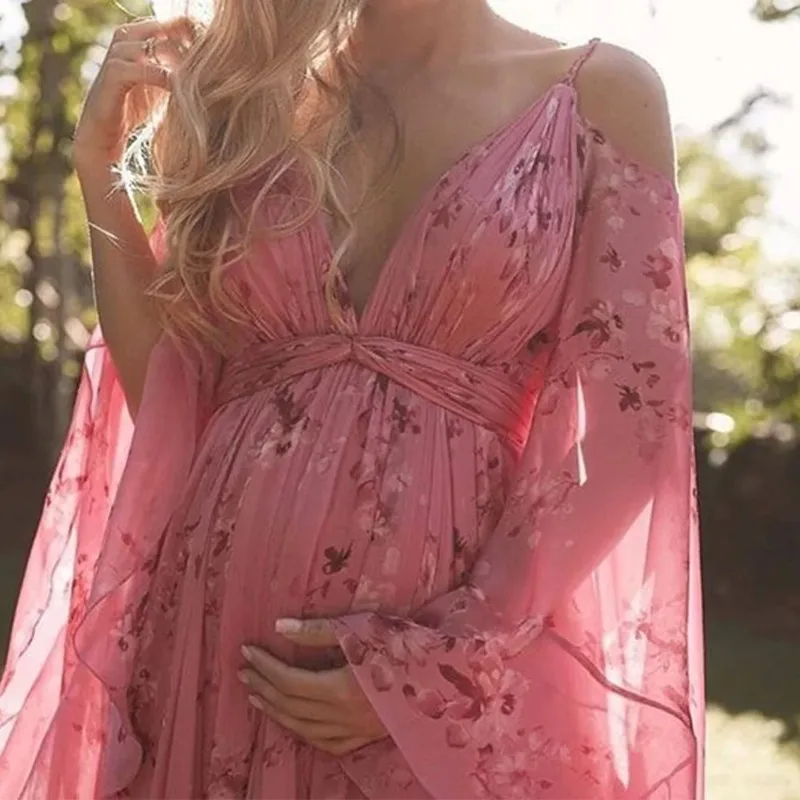 Vestido de embarazo veraniego rosa estampado para fotos premamá - imagen 2