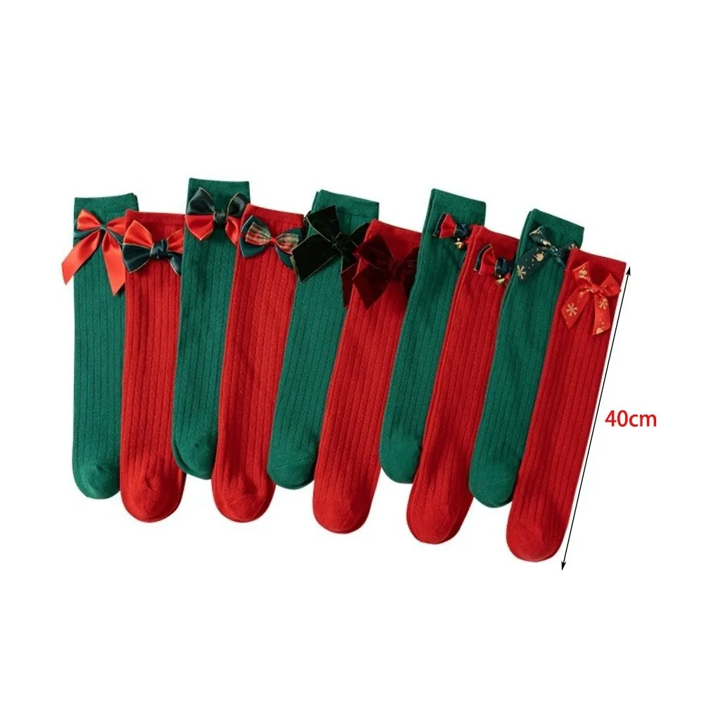Medias navideñas de algodón rojo y verde con lazo para niña