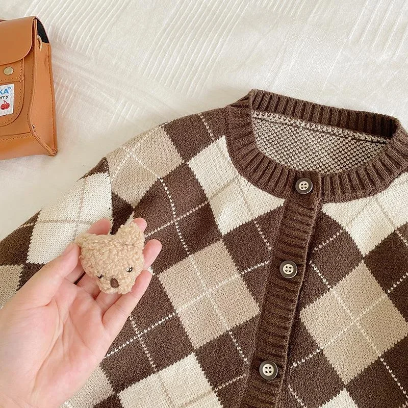 Conjunto de punto otoñal para bebé niña con cárdigan a cuadros - imagen 5