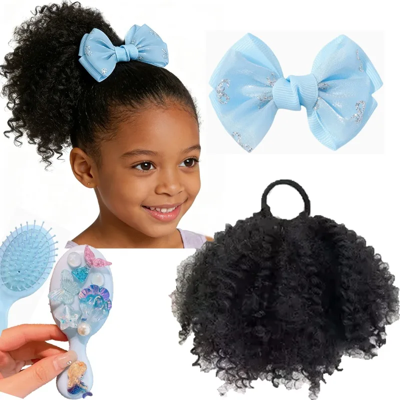 Colas de caballo rizadas afro para niñas con extensiones y clip - imagen 5