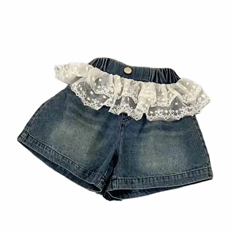 Pantalones cortos vaqueros de mezclilla con encaje para niña infantil - imagen 2