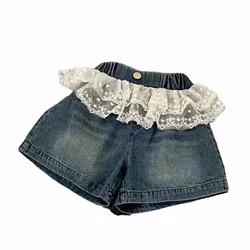 Pantalones cortos vaqueros de mezclilla con encaje para niña infantil