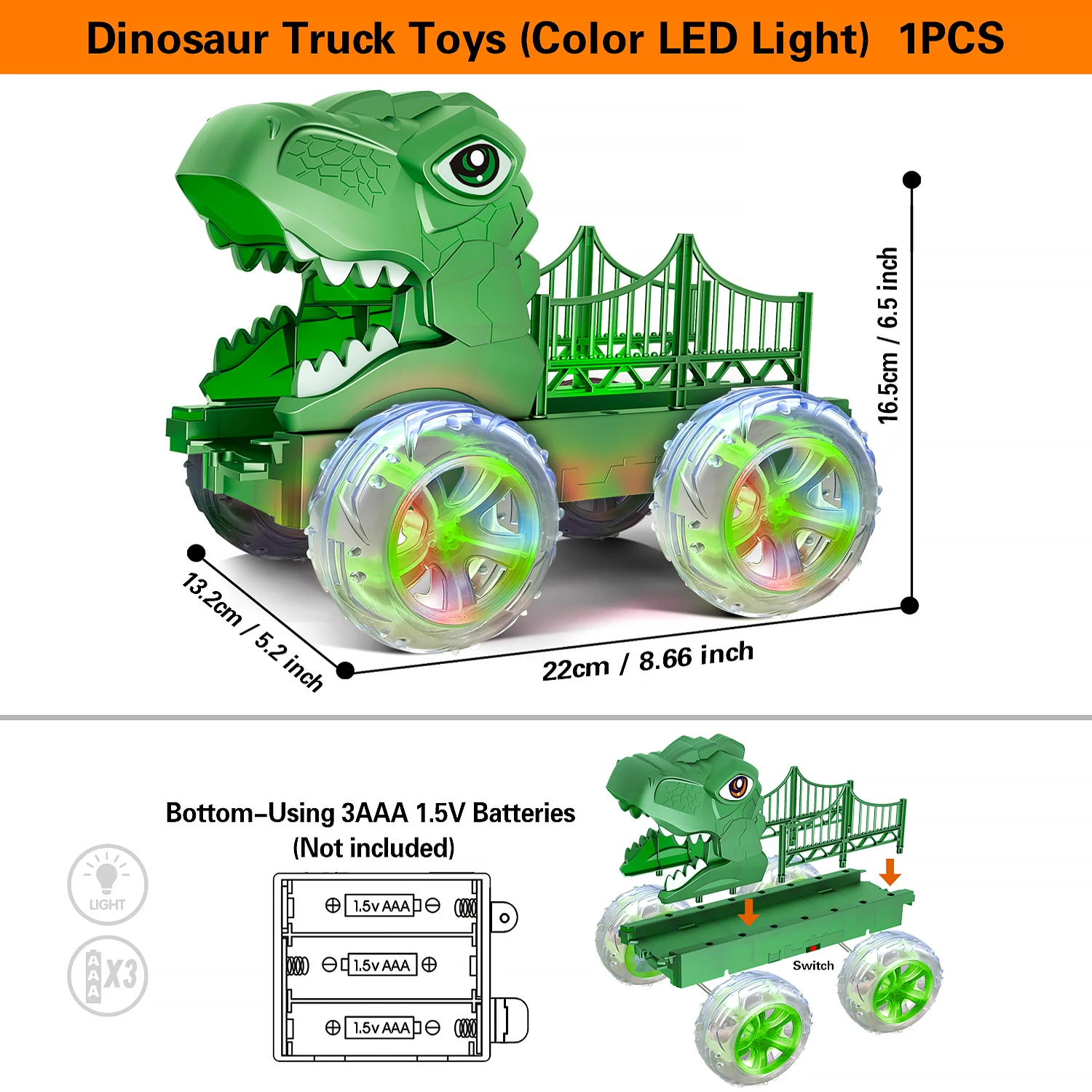 Camión de juguete con tiranosaurio y luces LED encendidas