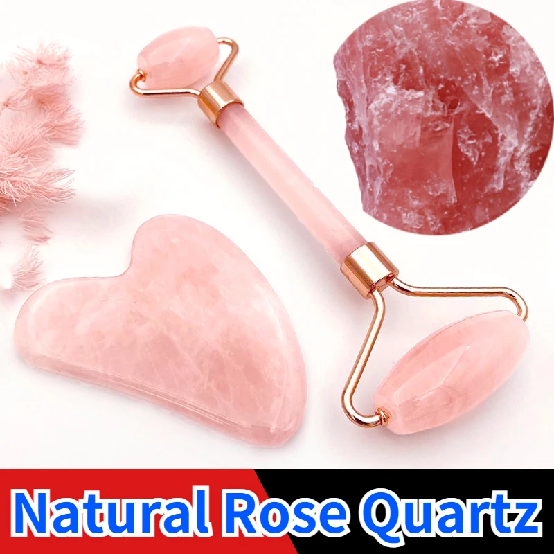 Rodillo de jade para masaje facial y gua sha de cuarzo rosa natural - imagen 4