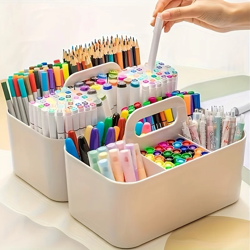 Cesta organizadora de escritorio con asa y portalápices