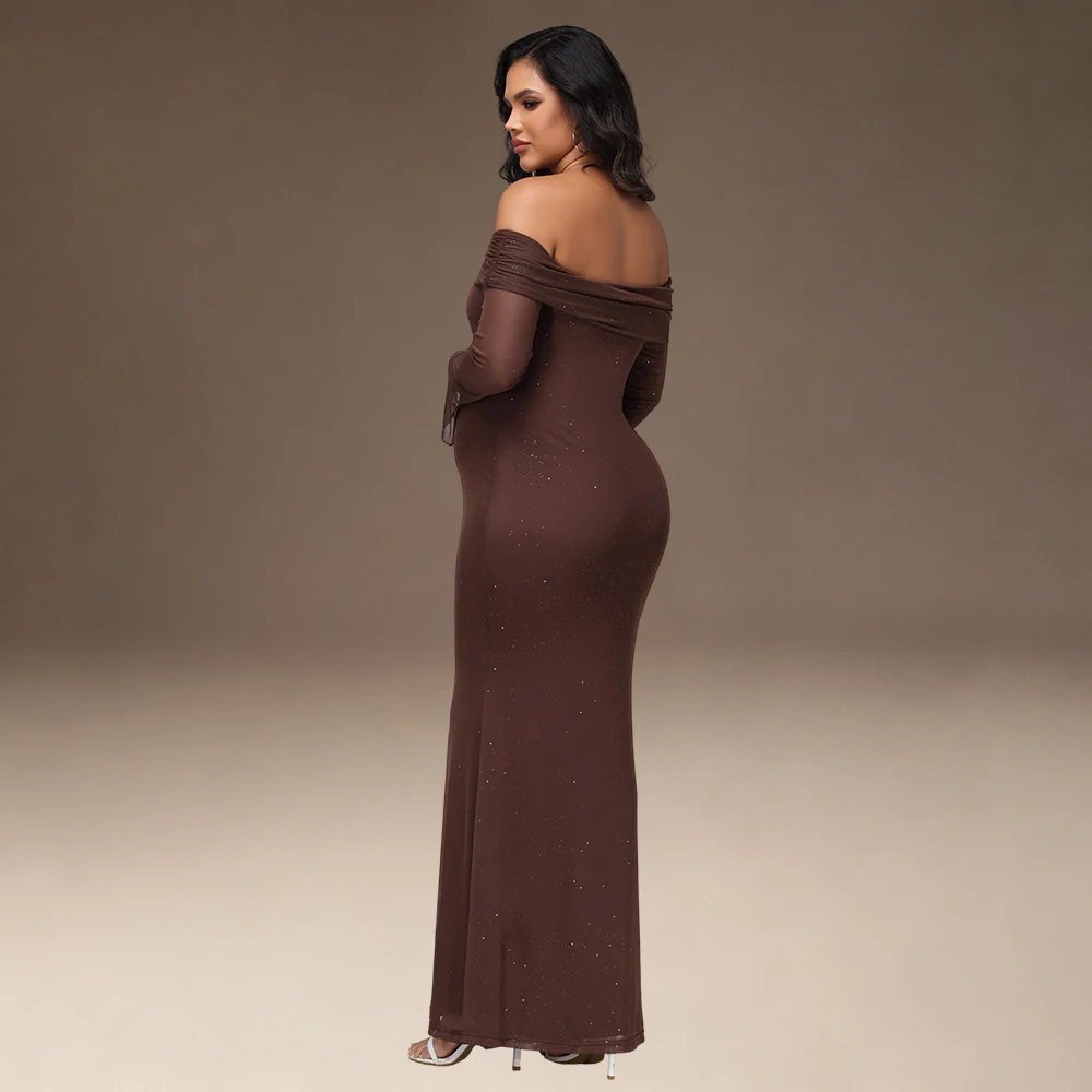 Vestido premamá largo elegante con hombros descubiertos y lentejuelas - imagen 4