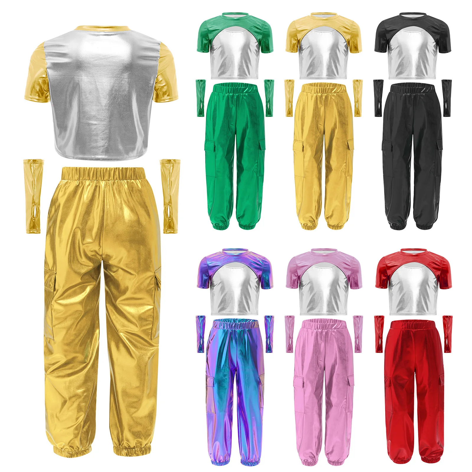Traje de jazz hip hop para niñas con cargo y camiseta metálica