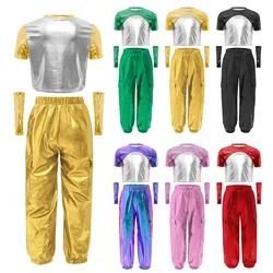 Traje de jazz hip hop para niñas con cargo y camiseta metálica