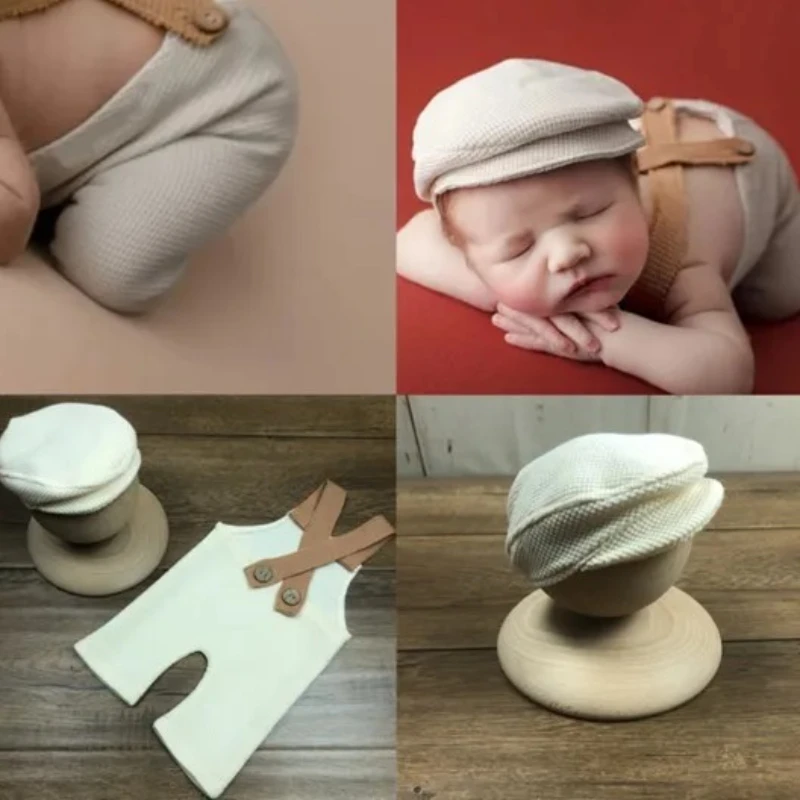 Conjunto recién nacido para sesión de fotos con tirantes y boina