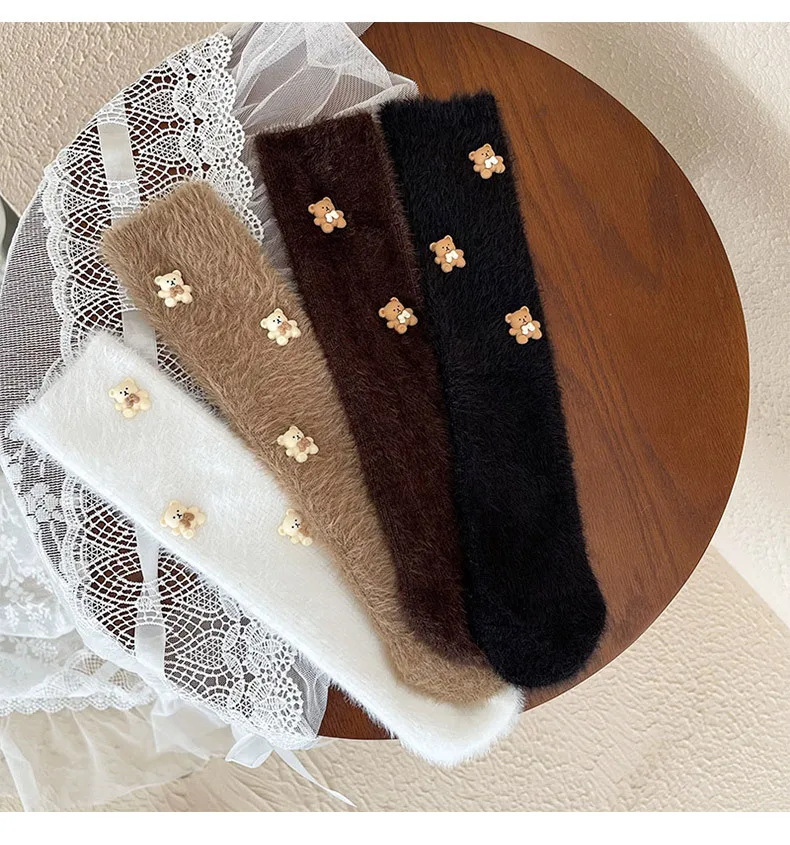Calcetines térmicos con diseño de osito y estilo coreano para niños