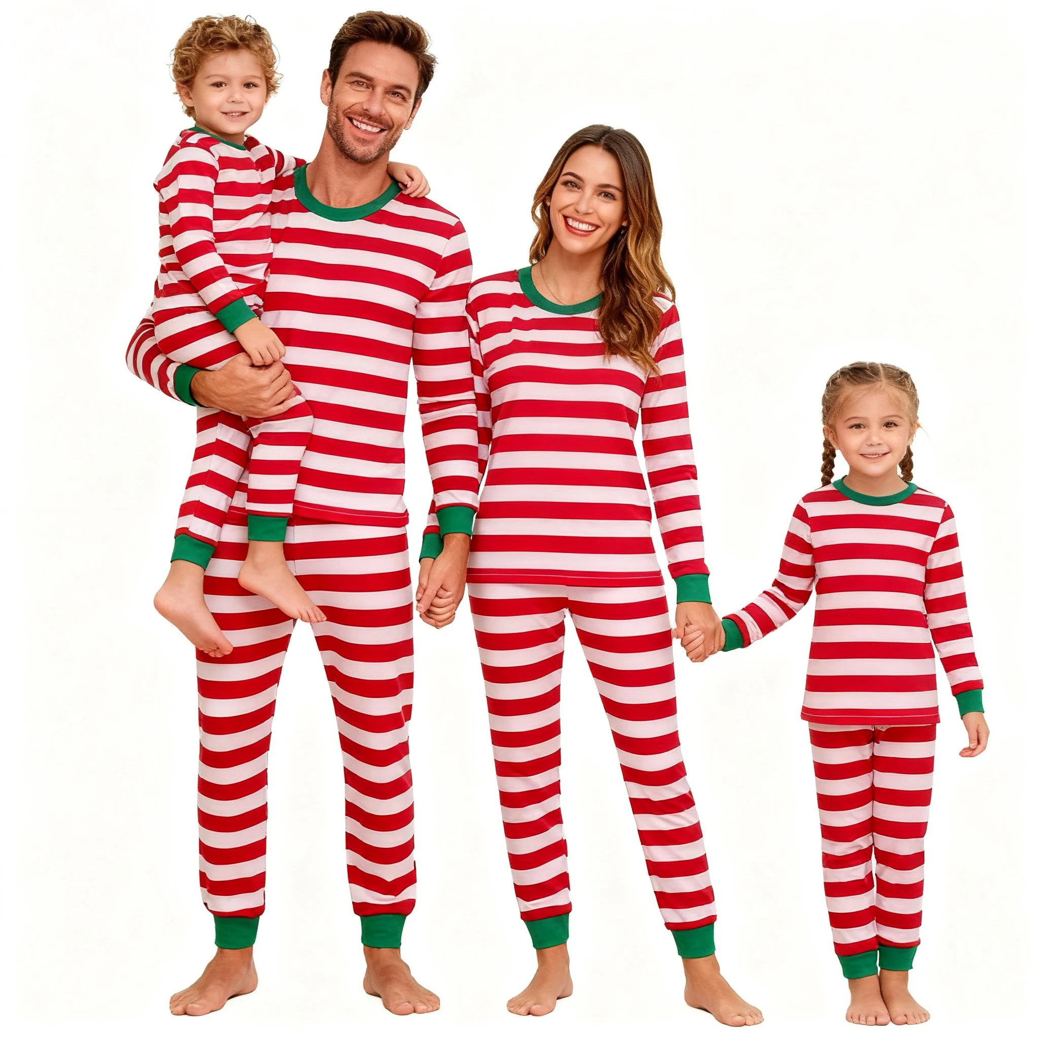 Pijamas navideños familiares a rayas rojas y blancas manga larga